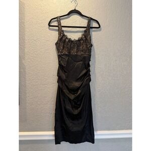 Suzi Chin Maggy Boutique Black Gold Lace Ruched Satin Cocktail Dress Size 4